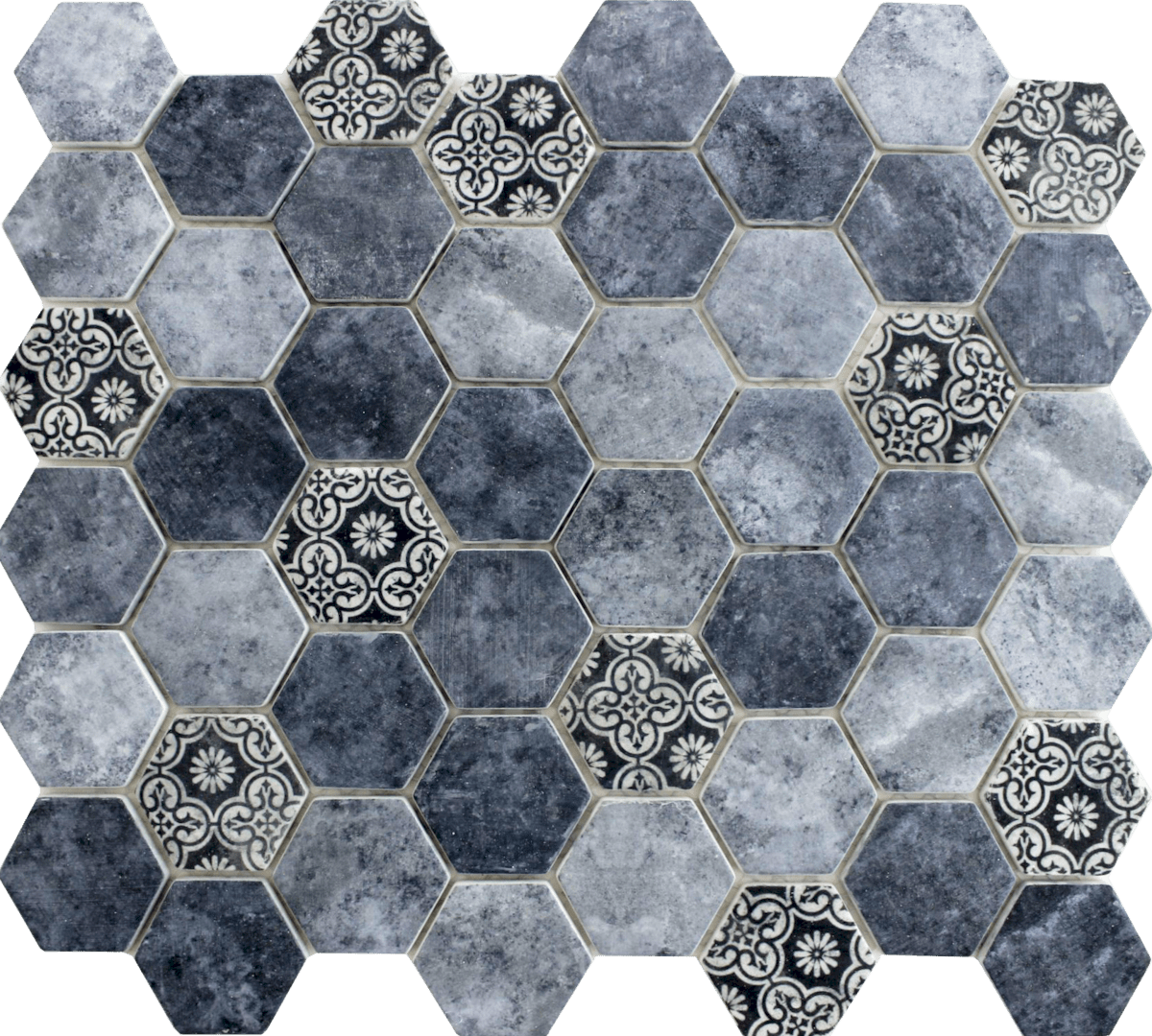 ROYAL HEXAGON PATCHWORK közepes kék matt mintás csempe mozaik